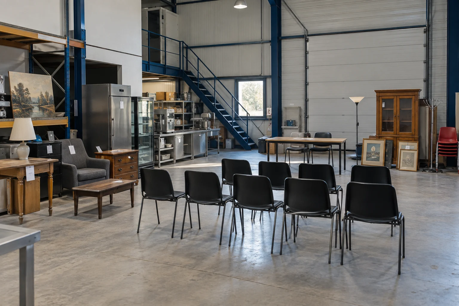 Illustration : entrepôt avec mobilier et équipements présentés, chaises et table pour une vente